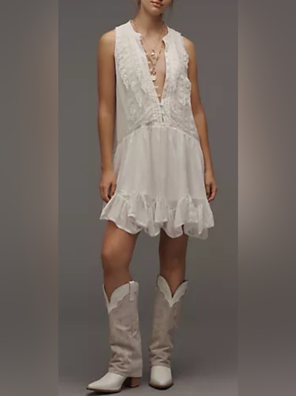 Anthropologie White Ruffled V-Neck Mini Dress